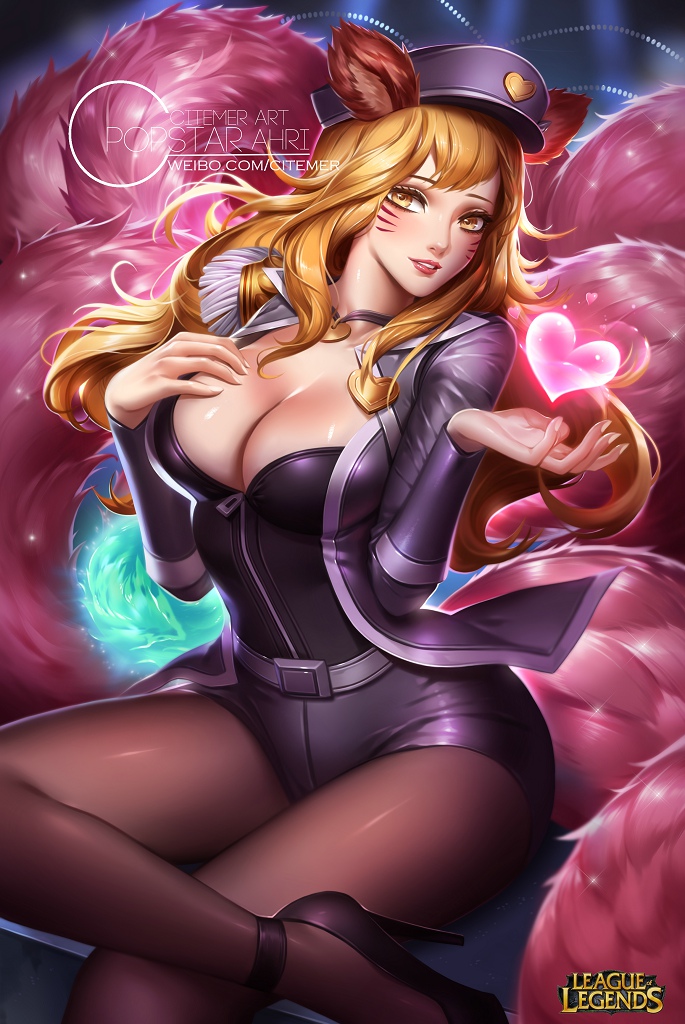 1girl ahri alternate_costume alternate_hair_color animal_ears bangs belt black_legwear blonde_hair blush breasts character_name citemer cleavage copyright_name cosplay crossed_legs epaulettes facial_mark fox_ears fox_tail girls'_generation glowing grin hand_on_breast hat heart high_heels jacket jewelry league_of_legends lipstick logo long_hair looking_at_viewer magic makeup multiple_tails necklace open_clothes open_jacket pantyhose peaked_cap popstar_ahri shoes short_shorts shorts sitting smile solo sparkle tail uniform watermark wavy_hair web_address whisker_markings zipper
