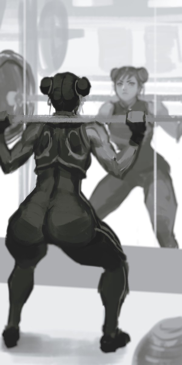 1girl ass barbell bodysuit chun-li double_bun exercise hair_ribbon highres mirror ribbon short_hair sleeveless solo squatting street_fighter street_fighter_zero thick_thighs thighs victor_bang weightlifting weights