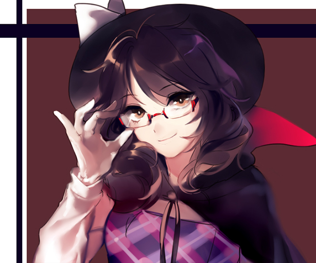 1girl adjusting_glasses bow brown_eyes brown_hair cape glasses gloves hat hat_bow hug_(artist) long_sleeves looking_at_viewer red-framed_glasses short_hair short_twintails simple_background smile solo touhou twintails usami_sumireko
