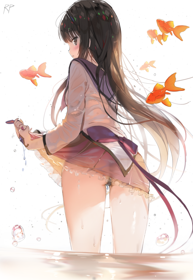 1girl akemi_homura ass black_eyes black_panties blush bow brown_hair copyright_request fish from_behind looking_at_viewer looking_back mahou_shoujo_madoka_magica panties repi987 school_uniform signature simple_background thighs thong underwear wading water water_droplets wet wet_clothes white_background