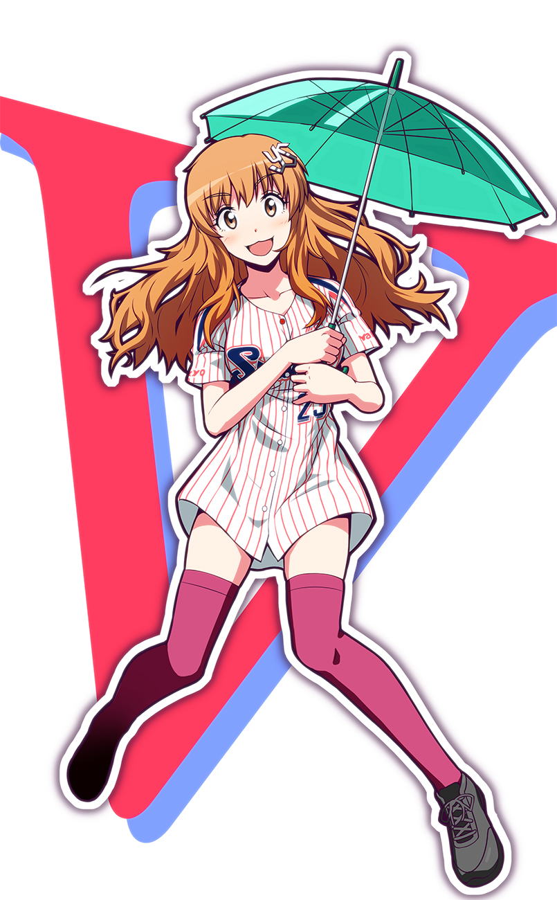 1girl :d baseball_uniform brown_eyes brown_hair doku_hebi hair_ornament highres idolmaster idolmaster_cinderella_girls long_hair moroboshi_kirari open_mouth smile solo sportswear thigh-highs umbrella