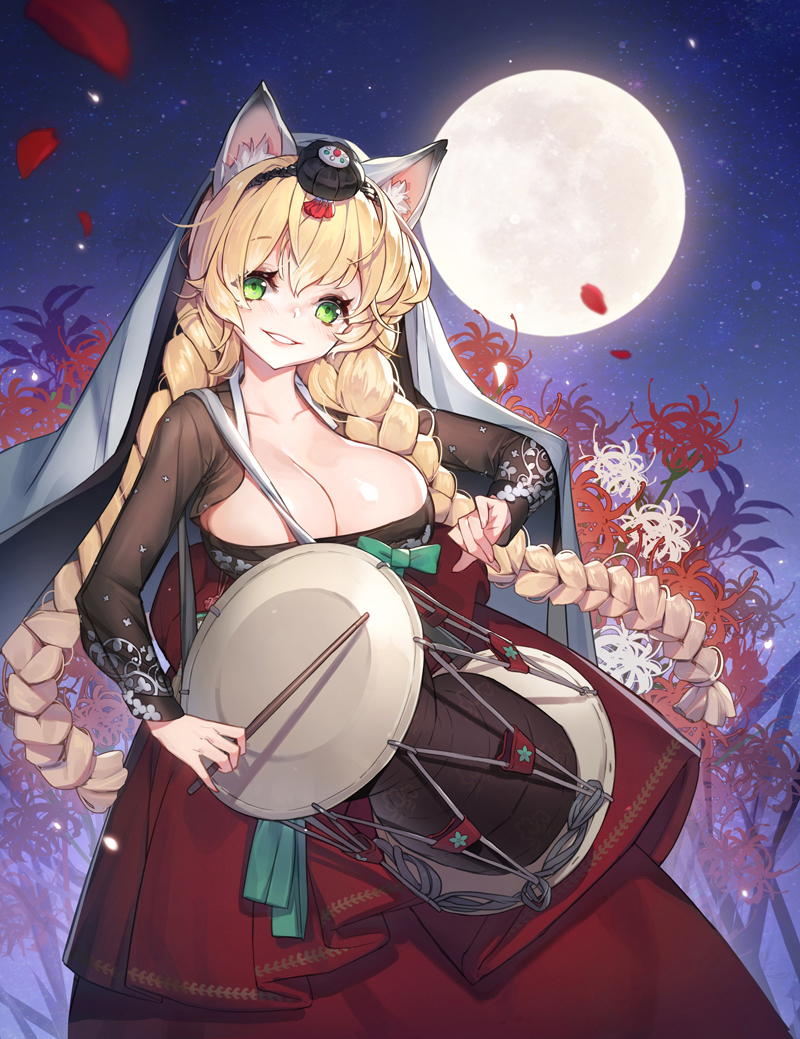 1girl animal_ears blonde_hair braid breasts cat_ears cleavage drum drumsticks flower full_moon green_eyes hair_ornament instrument large_breasts long_hair looking_at_viewer moon night parted_lips petals smile solo spider_lily sword_girls twin_braids veil very_long_hair whoisshe