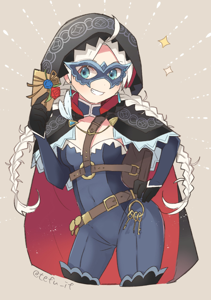 1girl ahoge blue_bodysuit blue_eyes blue_mask bodysuit braid calling_card cape coin crystal_earrings earrings eye_mask fire_emblem fire_emblem_fates fire_emblem_heroes gold_coin harness hood hood_up hooded_cape jewelry key keyring leather_belt low_twin_braids low_twintails nina_(fire_emblem) nina_(thief)_(fire_emblem) o-ring o-ring_harness parted_bangs phantom_thief solo tefutene twin_braids twintails two-tone_bodysuit two-tone_cape upper_body white_hair