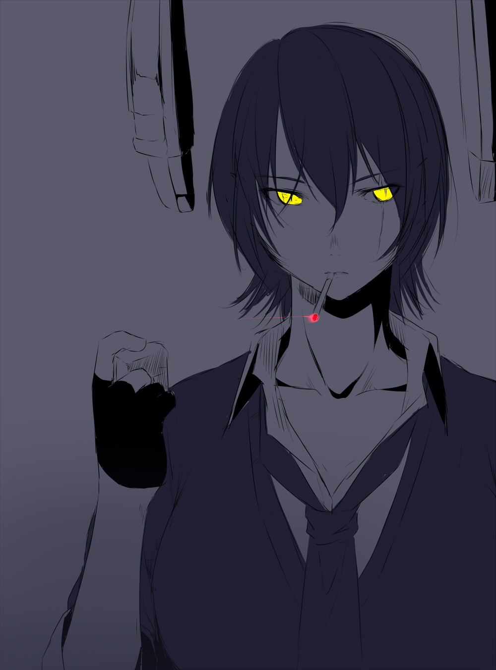 1girl cigarette collarbone commentary_request dark_background glowing glowing_eyes highres kantai_collection lighter looking_at_viewer necktie niwatazumi open_collar smoking solo tenryuu_(kantai_collection) zippo_(object)