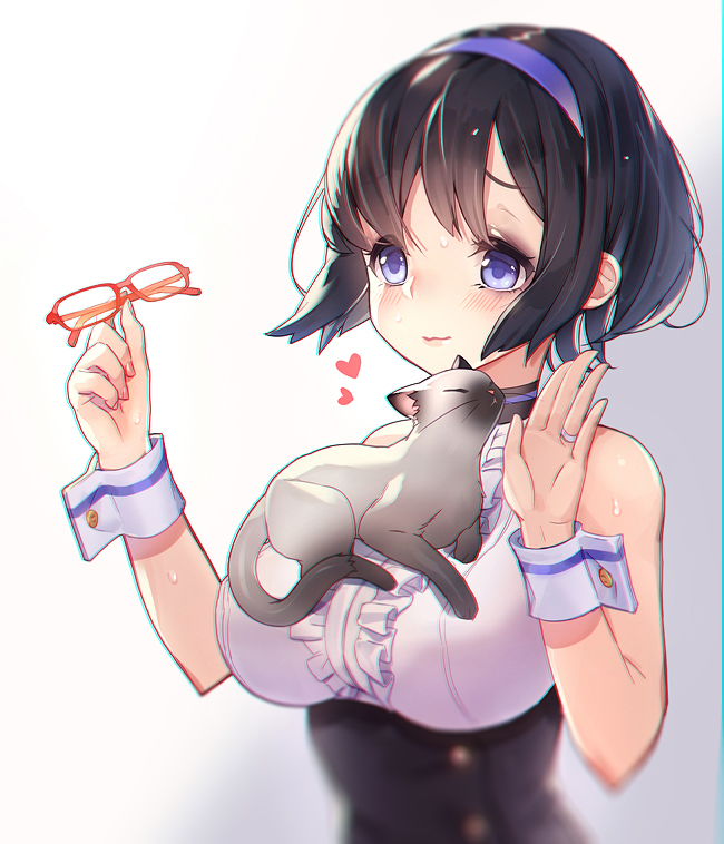 1girl :3 bangs black_hair blue_eyes blush breasts cat confused corset glasses glasses_removed gradient gradient_background hairband heart holding holding_glasses jewelry large_breasts original red-framed_glasses ring short_hair sleeveless smile solo sweatdrop upper_body whoisshe wrist_cuffs