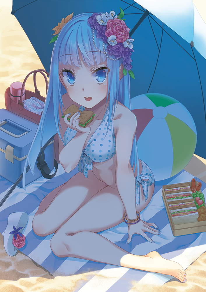 1girl barefoot bikini blue_eyes blue_hair blush bouzu_(bonze) bracelet breasts commentary_request eating flower food from_above front-tie_top hair_flower hair_ornament jewelry long_hair looking_at_viewer looking_up open_mouth original polka_dot polka_dot_bikini polka_dot_swimsuit sandwich side-tie_bikini sitting solo swimsuit wariza