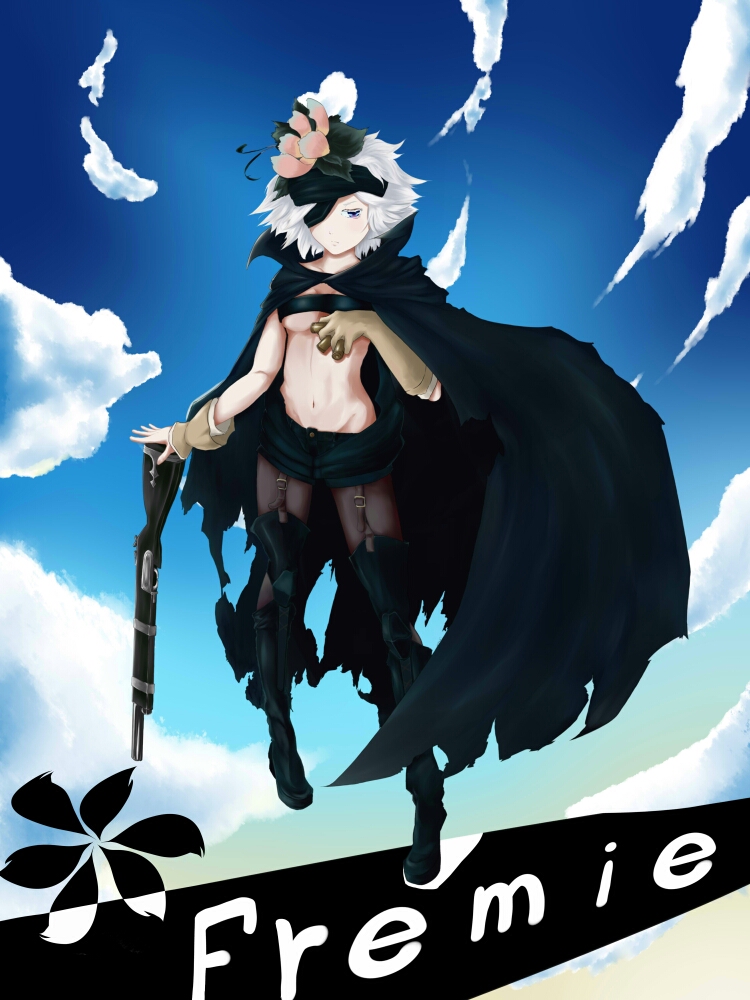 1girl blue_eyes breasts bullet cape character_name eyepatch flamie_speeddraw flower gloves gun hair_flower hair_ornament hairband looking_at_viewer midriff navel pantyhose rokka_no_yuusha short_hair simple_background sky solo thigh-highs weapon white_hair