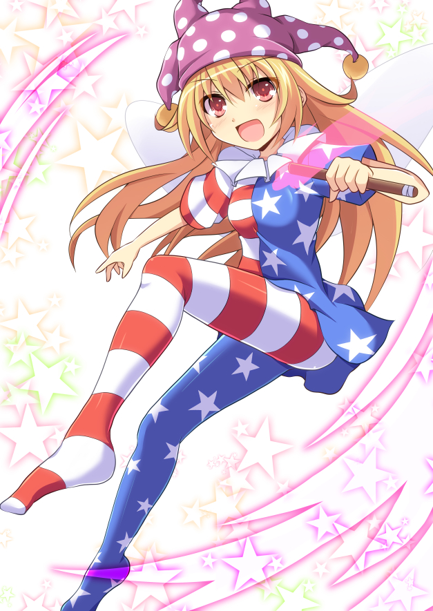1girl american_flag_legwear american_flag_shirt blonde_hair clownpiece cross_(crossryou) fairy_wings hat jester_cap long_hair md5_mismatch open_mouth pantyhose red_eyes smile solo star torch touhou very_long_hair wings