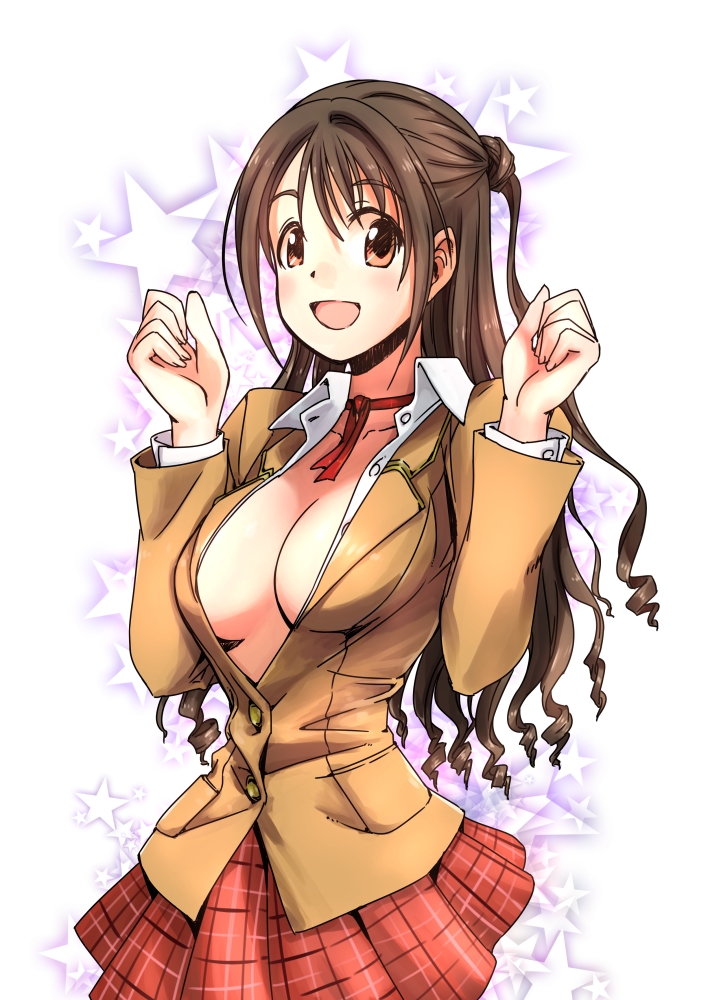 1girl :d aliesta breasts brown_eyes brown_hair cleavage drill_hair idolmaster idolmaster_cinderella_girls looking_at_viewer no_bra open_clothes open_mouth prison_school ribbon school_uniform shimamura_uzuki shiraki_meiko shiraki_meiko_(cosplay) smile solo star