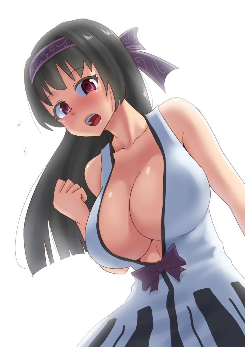 1girl bare_arms bare_shoulders blush bow breasts brown_hair center_opening cleavage clenched_hand collarbone headband highres large_breasts looking_down original pink_eyes simple_background solo white_background zheng