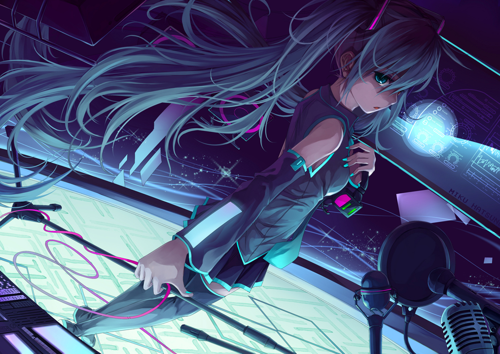 1girl bare_shoulders black_boots black_legwear blue_eyes blue_hair boots cable character_name dark detached_sleeves hair_ornament hatsune_miku holographic_interface long_hair looking_at_viewer nail_polish parted_lips pleated_skirt ragnarok026 skirt solo thigh-highs twintails very_long_hair vocaloid zettai_ryouiki