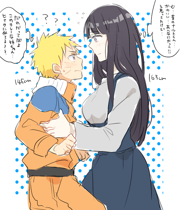 1boy 1girl black_hair blonde_hair blue_eyes blush hyuuga_hinata measurements naruto time_paradox tooru_(jux) translation_request uzumaki_naruto violet_eyes whisker_markings