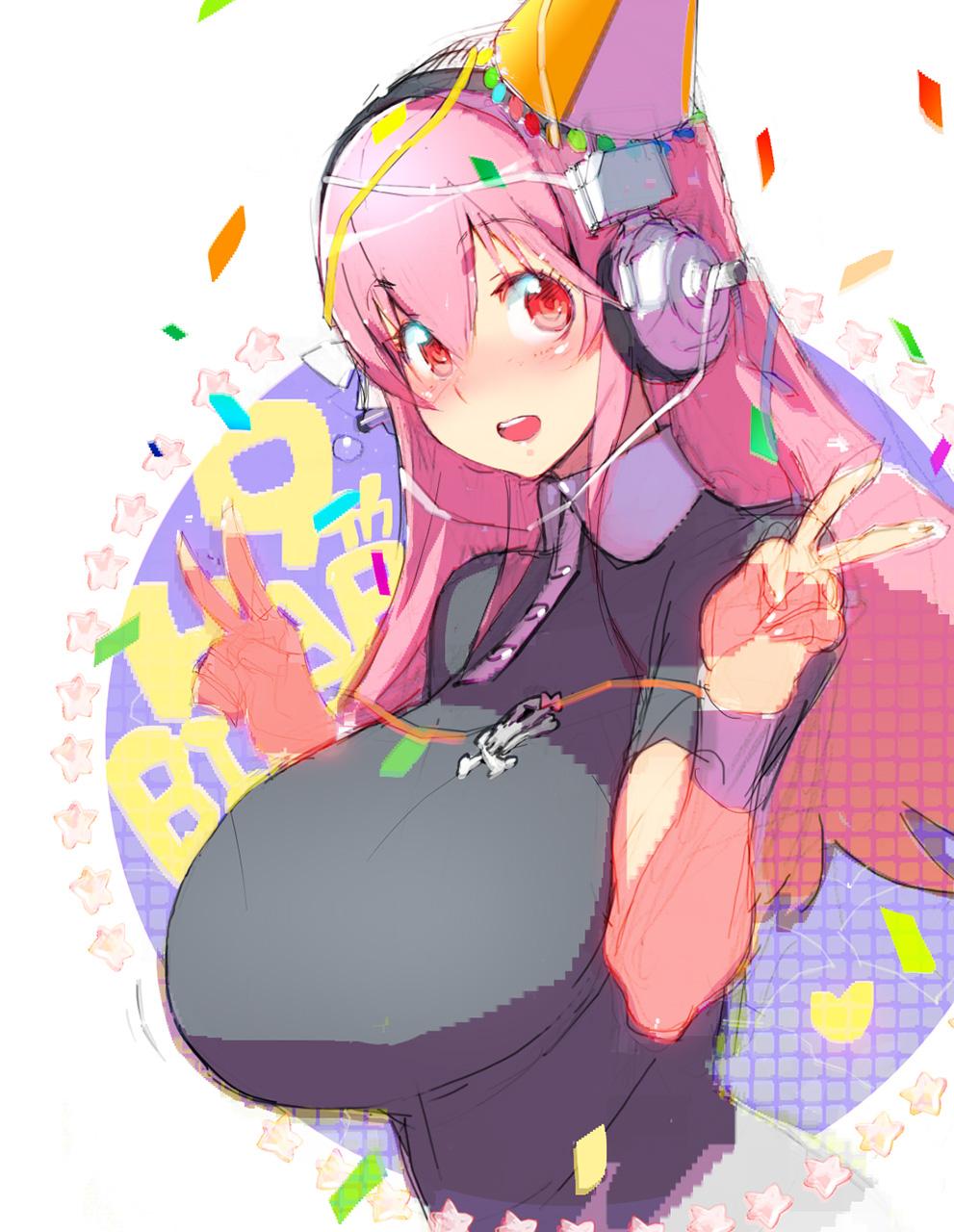 1girl blush breasts confetti double_v hat headphones highres large_breasts long_hair looking_at_viewer namaniku_atk nitroplus open_mouth party_hat pink_hair red_eyes ribbon sketch skull_and_crossbones smile solo streamers super_sonico v