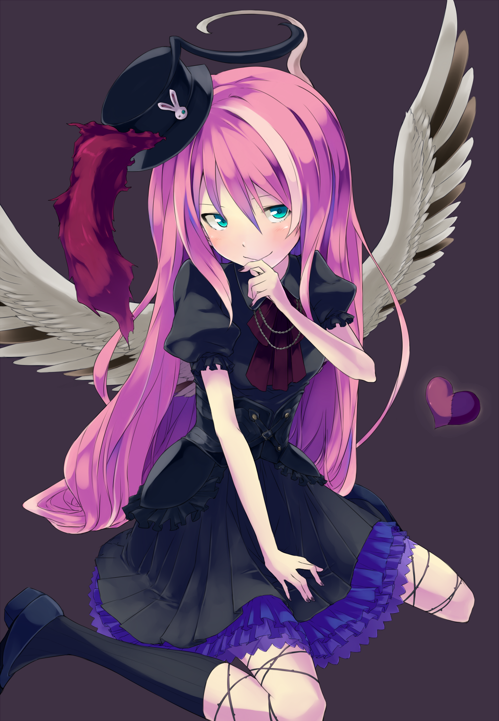 1girl black_background black_dress black_legwear blush dress duel_monster finger_to_chin ghostrick_angel_of_mischief green_eyes hand_on_own_chin hat heart highres long_hair looking_at_viewer multicolored_hair multicolored_wings nail_polish pink_hair rr_(rr2) sitting smile solo very_long_hair wariza white_hair wings yuu-gi-ou