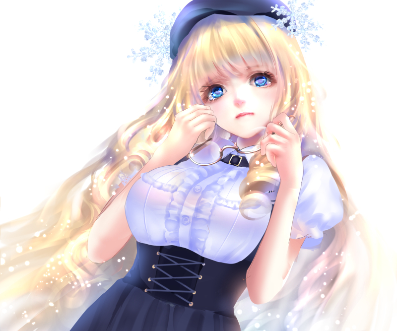 1girl beret blonde_hair blue_eyes breasts center_frills glasses glasses_removed gorua_(youce01) hat large_breasts lips long_hair original puffy_short_sleeves puffy_sleeves semi-rimless_glasses short_sleeves simple_background snowflakes solo tears upper_body very_long_hair watery_eyes white_background