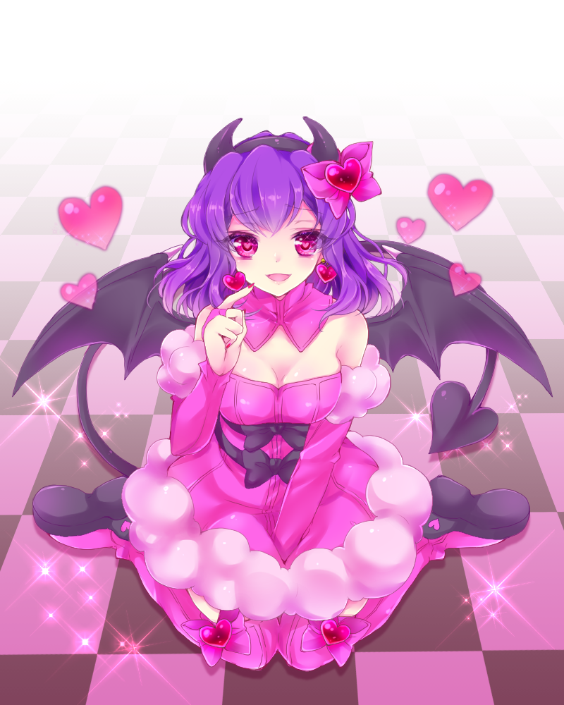 1girl avarita_(otoca_doll) bat_wings black_bow boots bow breasts bridal_gauntlets checkered checkered_floor cleavage demon_tail detached_collar earrings hair_ornament hairband heart heart-shaped_pupils heart_earrings heart_hair_ornament horn_bow horns jewelry kneeling mitsuyaama nail_polish otoca_doll pink_boots pink_bow pink_eyes pink_skirt platform_footwear purple_hair red_nails short_hair skirt smile solo sparkle symbol-shaped_pupils tail thigh-highs thigh_boots wings