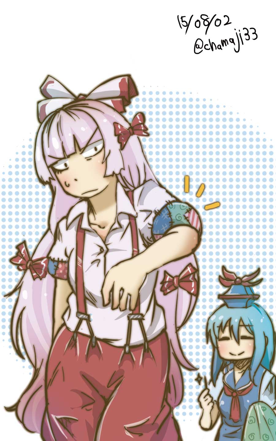 2girls =_= ascot blue_dress blue_hair bow buttons chamaji commentary dots dress fujiwara_no_mokou hair_bow hat highres kamishirasawa_keine long_hair multiple_girls needle pants patches red_pants sewing_needle short_sleeves silver_hair sparkle suspenders sweatdrop touhou