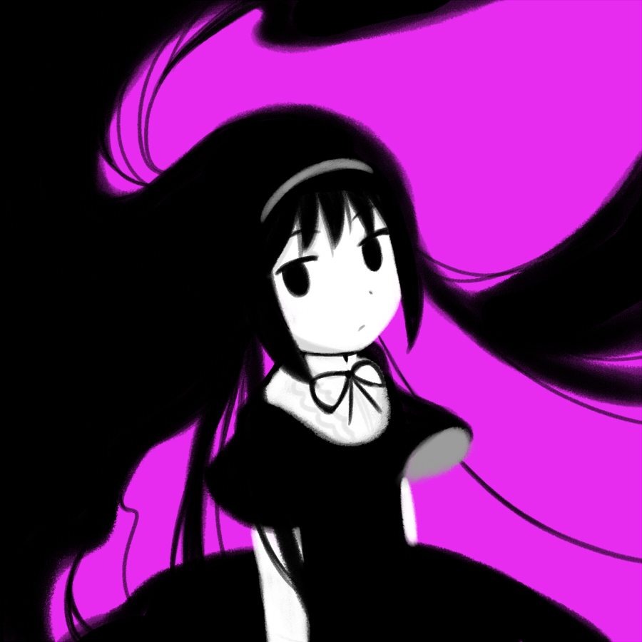 1girl akemi_homura ange black_eyes black_hair bow dress expressionless funeral_dress hairband homulilly long_hair mahou_shoujo_madoka_magica pixiv_manga_sample purple_background simple_background solo very_long_hair