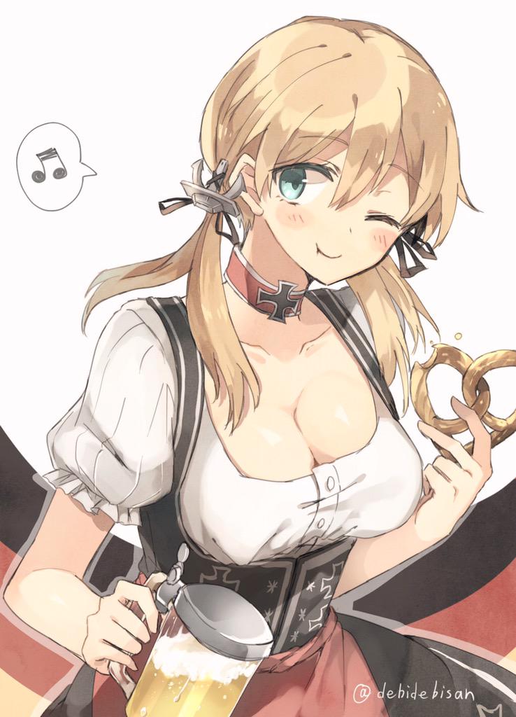 1girl :t alcohol anchor_hair_ornament beer beer_mug blonde_hair breasts chibirisu cleavage dirndl eating german_clothes german_flag germany hair_ornament iron_cross kantai_collection long_hair musical_note oktoberfest one_eye_closed pretzel prinz_eugen_(kantai_collection) smile solo spoken_musical_note twintails underbust