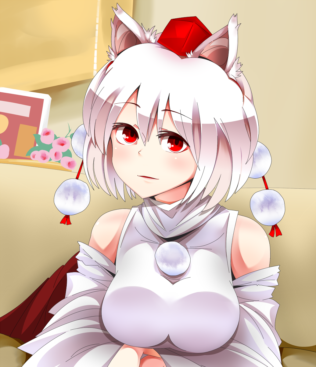 1girl animal_ears bare_shoulders breasts detached_sleeves doge hat highres inubashiri_momiji large_breasts looking_at_viewer lying on_stomach open_mouth pom_pom_(clothes) red_eyes short_hair silver_hair solo tokin_hat touhou wolf_ears