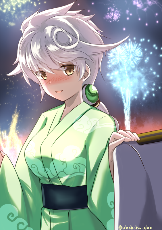 1girl alternate_costume blush braid clothes_grab cloud_print commentary_request eko fireworks flat_gaze japanese_clothes kantai_collection kimono long_hair looking_at_viewer night night_sky parted_lips silver_hair single_braid sky solo unryuu_(kantai_collection) very_long_hair wide_sleeves yellow_eyes yukata
