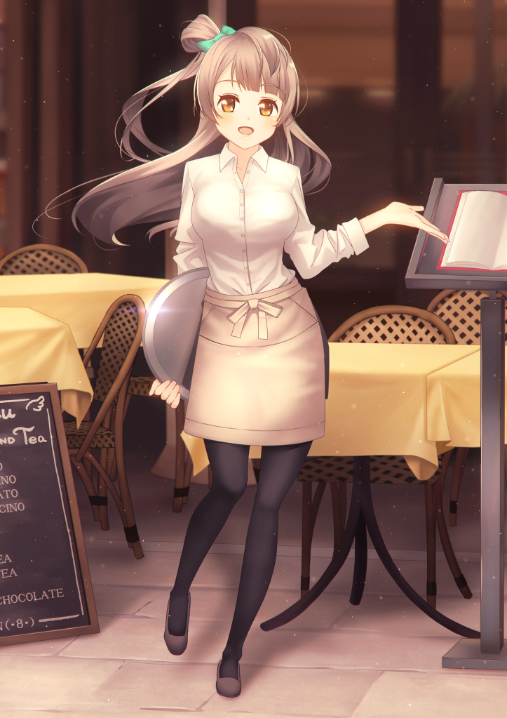 1girl :d apron bangs black_legwear blush bow breasts brown_hair cafe chair collared_shirt english full_body hair_bow holding large_breasts lens_flare long_hair long_sleeves looking_at_viewer love_live!_school_idol_project menu_board minami_kotori nagareboshi open_mouth outstretched_hand pantyhose pavement restaurant shirt side_ponytail sleeves_folded_up smile solo table tablecloth text tray waist_apron waitress white_shirt yellow_eyes