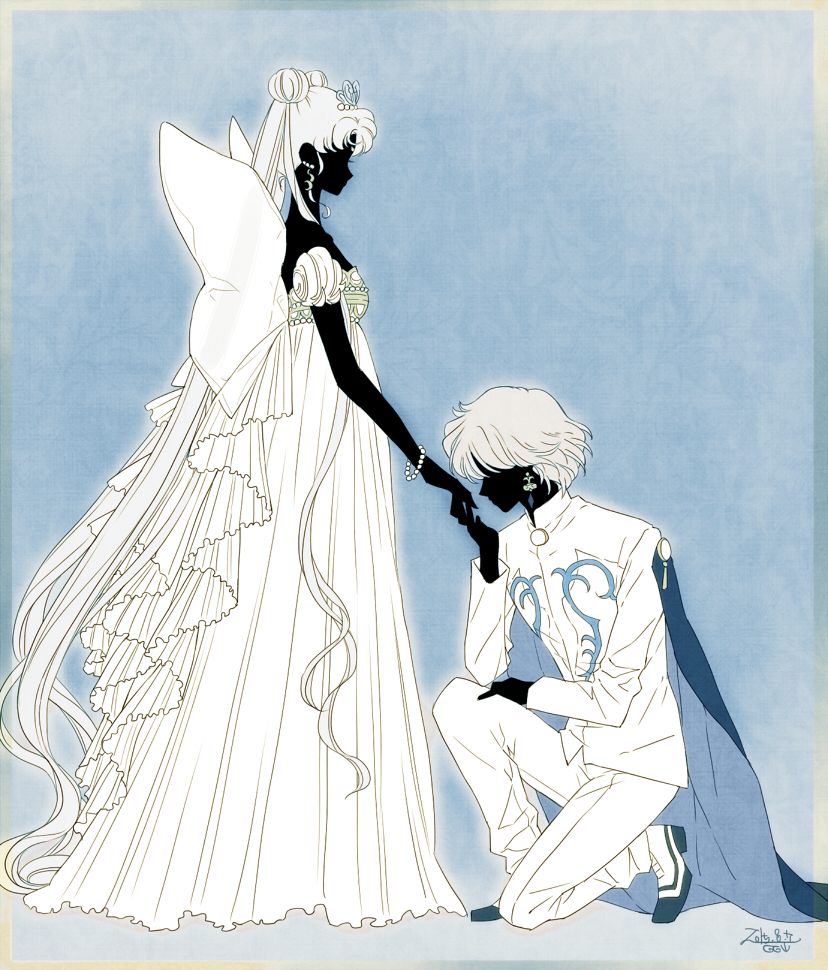1boy 1girl absurdly_long_hair bishoujo_senshi_sailor_moon blue blue_background bow bracelet cape double_bun dress faceless faceless_female faceless_male frame from_side full_body gown hand_kiss holding_hands jewelry kiss kneeling long_hair neo_queen_serenity one_knee prince_diamond saki_(hxaxcxk) short_hair signature tsukino_usagi very_long_hair white_dress white_hair