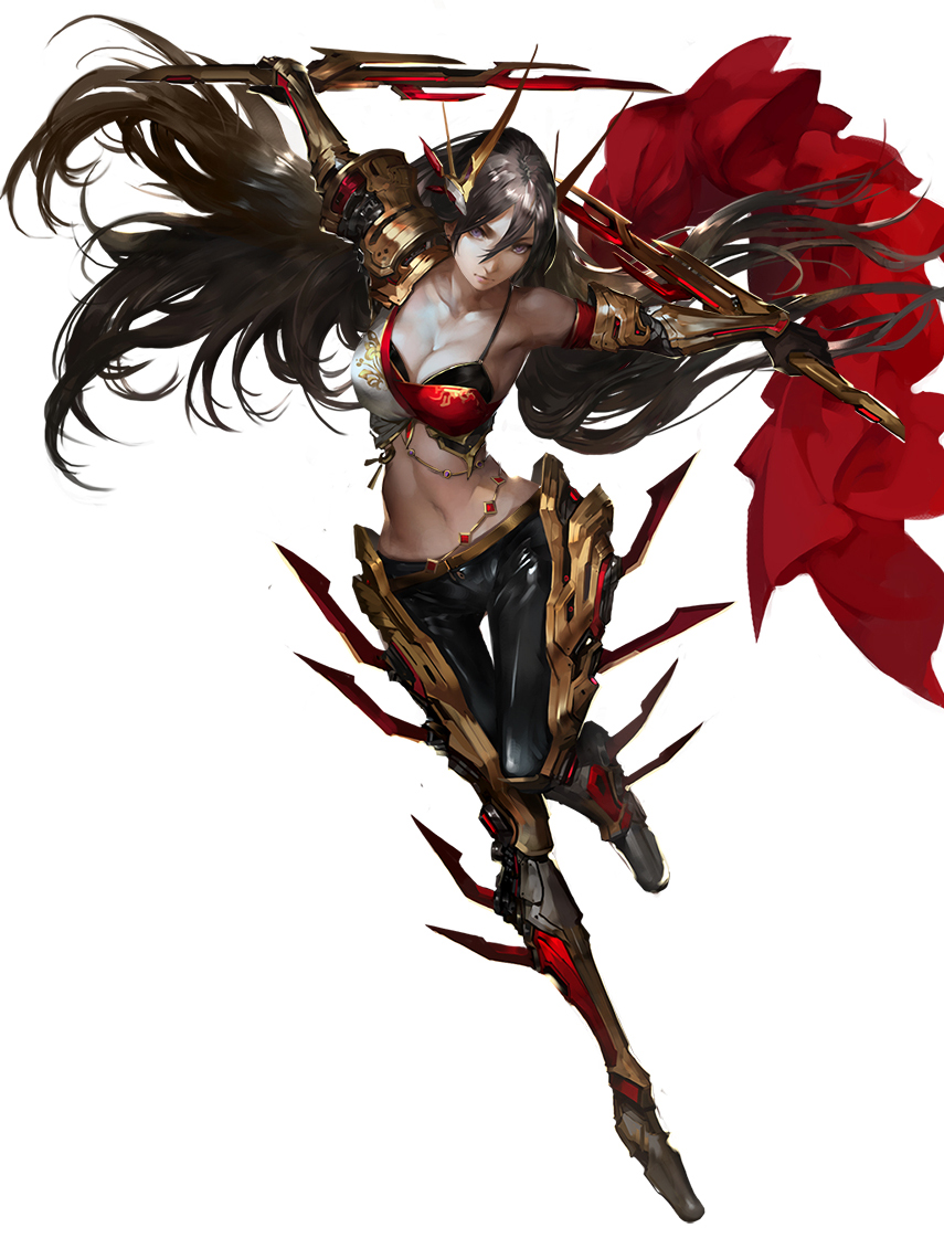 1girl armor armored_boots belt black_bra black_gloves black_hair black_pants boots bra breasts cleavage closed_mouth crescent dual_wielding full_body gem gloves grey_eyes hair_between_eyes headgear legend_of_the_cryptids long_hair looking_at_viewer midriff navel pants simple_background solo sword underwear vambraces very_long_hair weapon white_background youshun_(naturaljuice)