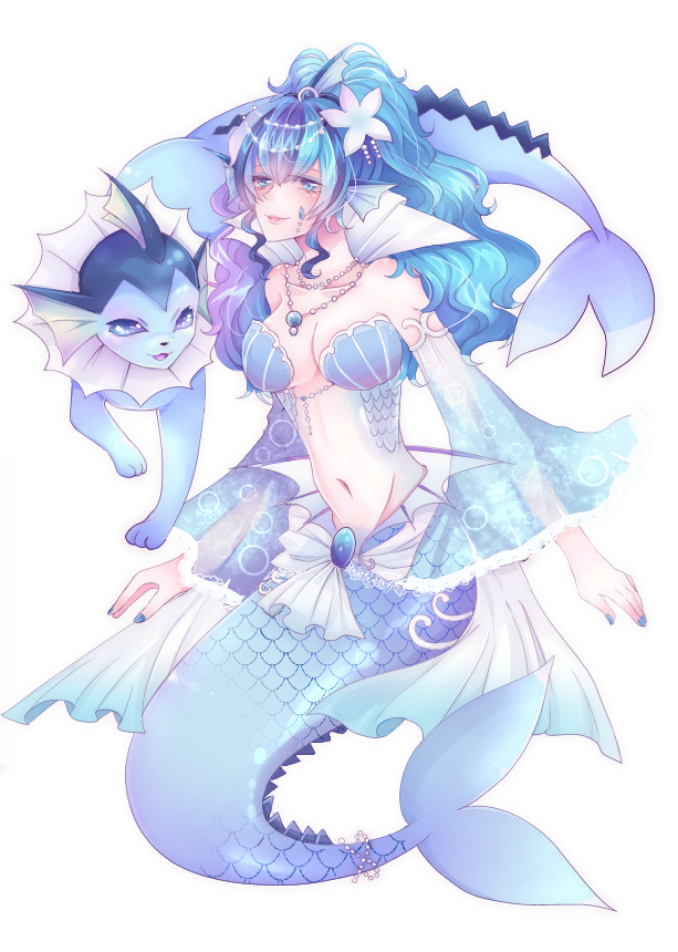 1girl asame21 bare_shoulders blue_eyes blue_hair detached_sleeves fingernails fish_tail hair_ornament head_fins jewelry long_hair mermaid midriff monster_girl nail_polish navel necklace personification pokemon pokemon_(creature) scales seashell_bra vaporeon