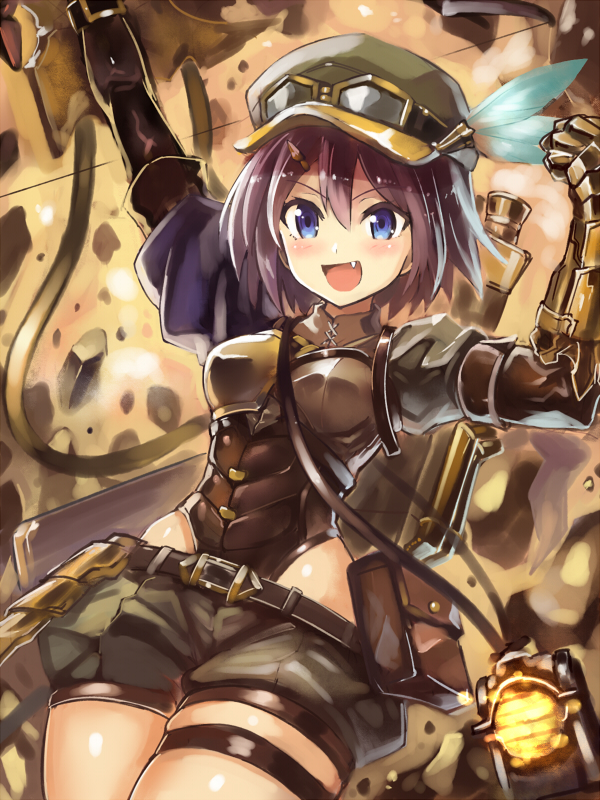 1girl :d arm_up bag blue_eyes blush brown_hair cowboy_shot edobox fang feathers gauntlets goggles granblue_fantasy hips lamp open_mouth outstretched_arm shorts smile solo thighs