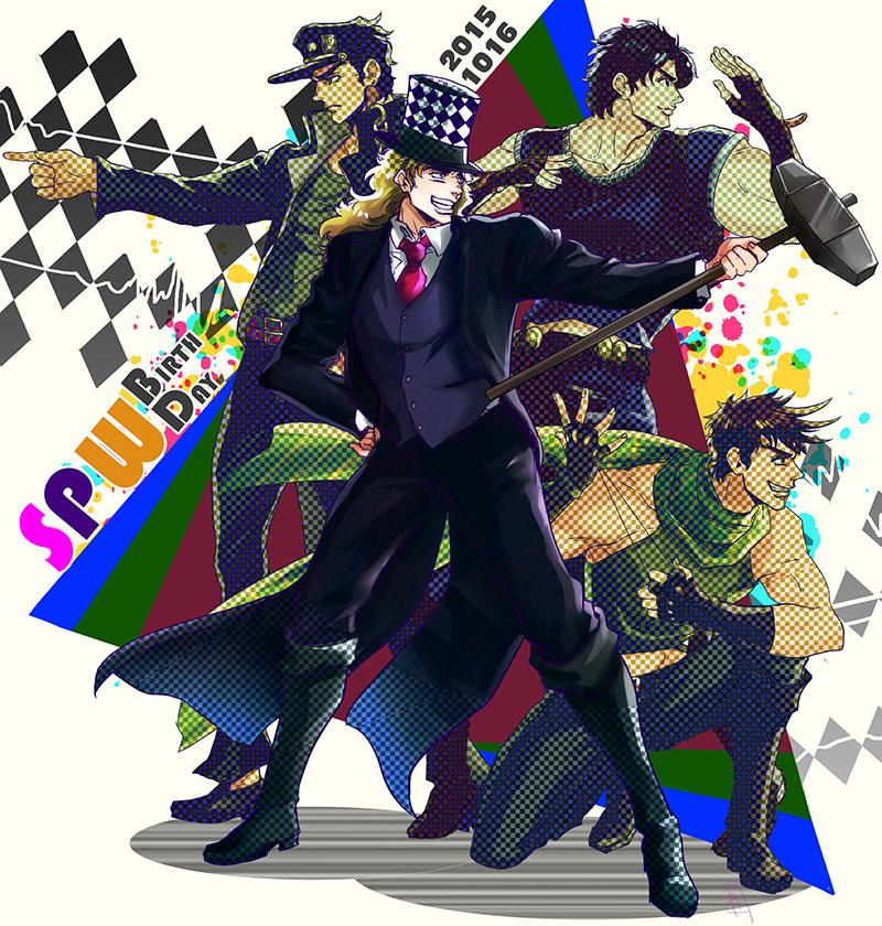 argyle birthday black_hair blonde_hair brown_hair chain checkered clacker dated fighting_stance fingerless_gloves formal gloves hand_on_hip hat jojo_no_kimyou_na_bouken jonathan_joestar joseph_joestar_(young) kotobukimaru kuujou_joutarou long_hair necktie pointing robert_eo_speedwagon sledgehammer suit tank_top top_hat vest