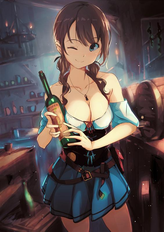 1girl ;) belt blue_skirt box breasts brown_hair candle cleavage collarbone dust green_eyes indoors off_shoulder one_eye_closed original pleated_skirt skirt smile vase wine_bottle yoshitake