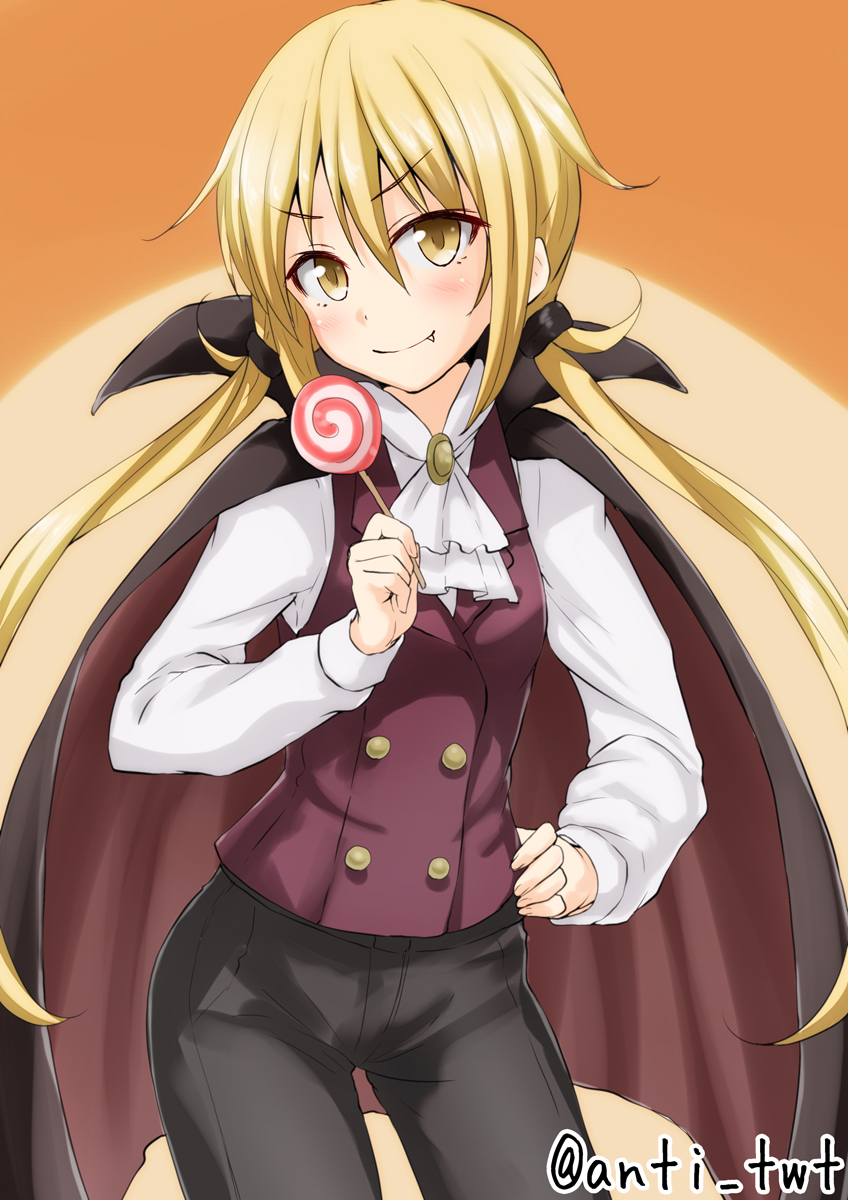 1girl anti_(untea9) black_cape black_pants blonde_hair brooch buttons candy cape costume fang hair_ornament hand_on_hip highres holding_food jewelry kantai_collection lollipop long_hair long_sleeves orange_background pants purple_vest satsuki_(kantai_collection) shirt simple_background smile smug solo twintails twitter_username vampire_costume vest white_shirt yellow_eyes