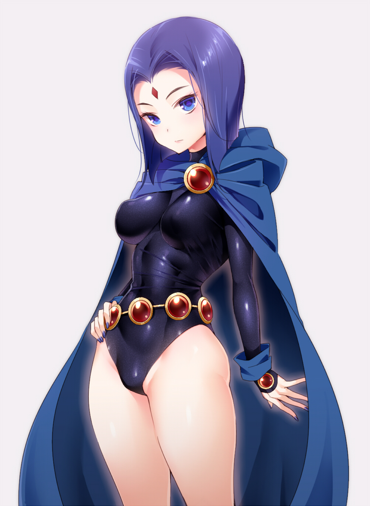 1girl akira_(natsumemo) belt breasts cape covered_navel covered_nipples dc_comics forehead_jewel grey_skin jewelry large_breasts leotard looking_at_viewer purple_hair raven_(dc) short_hair simple_background teen_titans violet_eyes