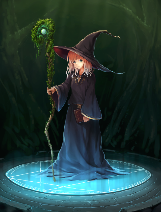 1girl bangs book brick_floor brown_hair forest gem hat hexagram holding_weapon hood_down long_hair looking_at_viewer magic_circle moss nature original oukatihiro staff tree vines witch witch_hat