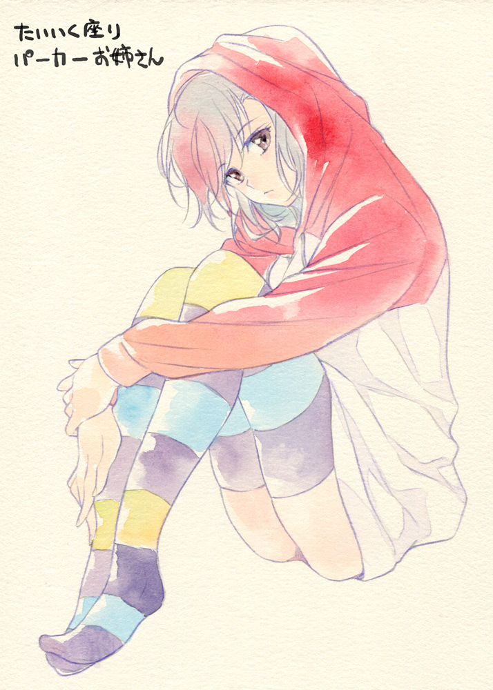 1girl agahari brown_eyes character_request gradient_hair grey_hair hoodie looking_at_viewer multicolored_hair redhead short_hair sitting solo striped striped_legwear thigh-highs traditional_media translation_request