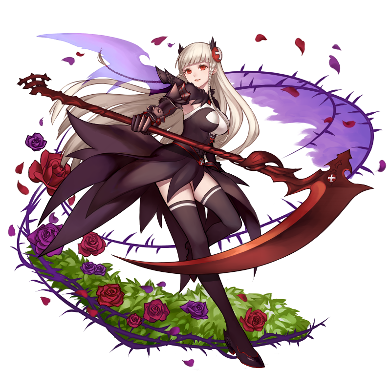 1girl armor bangs black_dress black_legwear black_shoes black_valkyrie_(p&amp;d) blunt_bangs braid breasts dress flower full_body gauntlets hair_ornament high_heels holding_weapon large_breasts long_hair one_leg_raised parted_lips petals purple_rose purple_wings puzzle_&amp;_dragons red_eyes red_rose rose scythe shoes smile solo standing_on_one_leg thigh-highs thorns twin_braids valkyrie valkyrie_(p&amp;d) very_long_hair weapon white_hair wings zek_(zecola)