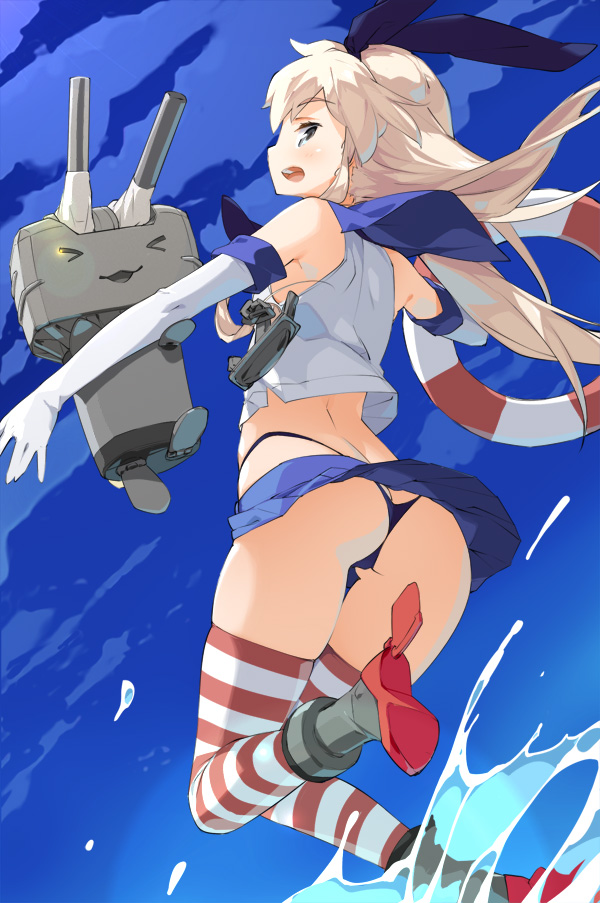 &gt;_&lt; 1girl anchor_hair_ornament ass bare_shoulders black_panties blonde_hair blue_sky cannon closed_eyes elbow_gloves gloves grey_eyes hair_ornament hair_ribbon highleg highleg_panties kaisenn kantai_collection lifebuoy long_hair looking_at_viewer looking_back midriff miniskirt ocean open_mouth panties rensouhou-chan ribbon shimakaze_(kantai_collection) shirt skindentation skirt skirt_lift sky sleeveless sleeveless_shirt striped striped_legwear thigh-highs underwear upskirt very_long_hair white_gloves wind_lift