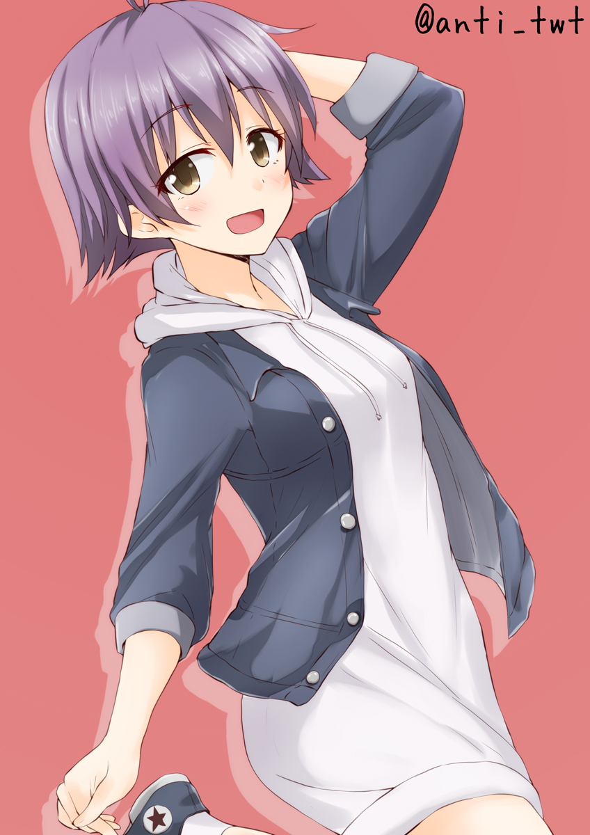 1girl :d alternate_costume anti_(untea9) blush casual dress hand_behind_head highres hoodie kantai_collection leg_up open_mouth red_background sakawa_(kantai_collection) shoes short_hair simple_background sleeves_folded_up smile socks solo sweater sweater_dress twitter_username white_legwear