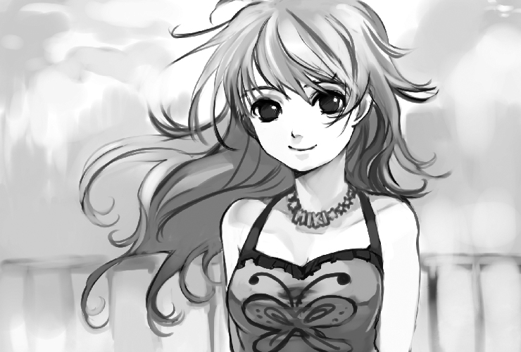 artist_request hoshii_miki idolmaster jewelry long_hair monochrome necklace smile solo source_request