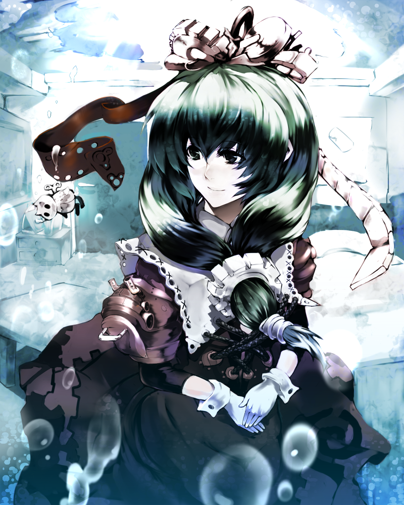 akishuon gear gloves green_eyes green_hair hair_ribbon inugami_akito kagiyama_hina ribbon short_hair touhou