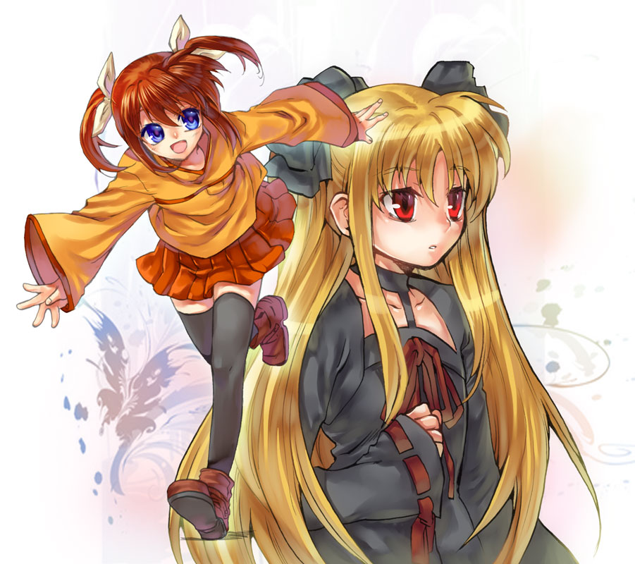 bad_id blonde_hair blue_eyes brown_hair casual fate_testarossa hands komeo legs mahou_shoujo_lyrical_nanoha multiple_girls open_mouth red_eyes takamachi_nanoha tenkuu_sphere thigh-highs thighhighs zettai_ryouiki