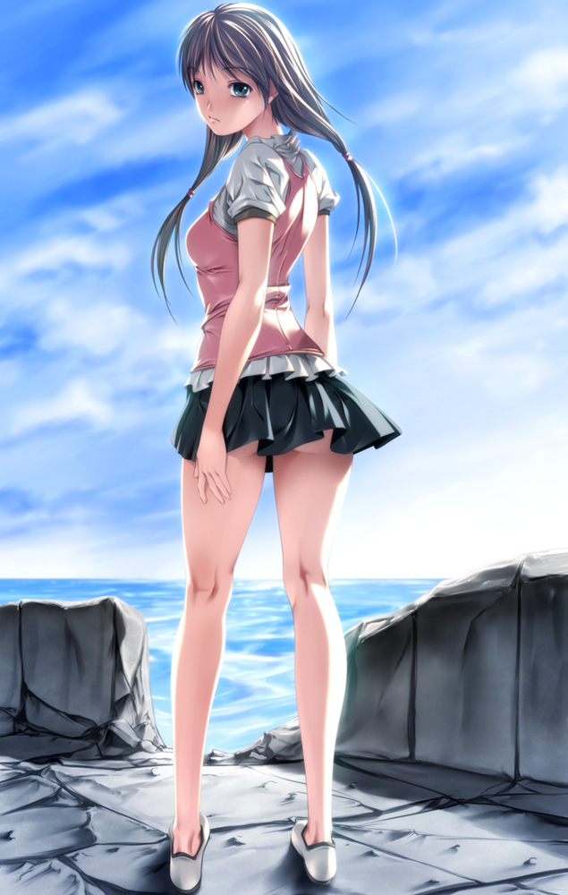 bad_id blue_eyes brown_hair camisole cloud clouds knee_pit kneepits legs long_hair looking_back miniskirt no_socks ocean original rezi skirt sky twintails upskirt water