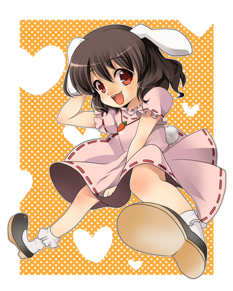 brown_hair bunny_ears bunny_tail dress happy inaba_tewi jewelry necklace rabbit_ears red_eyes shie short_hair solo tail touhou