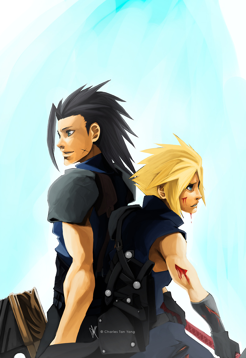 armor back_to_back black_hair blonde_hair blue_eyes charles_tan_yong cloud_strife cuts final_fantasy final_fantasy_vii friends green_eyes pants shirts sideburns swords thefenrir zack_fair