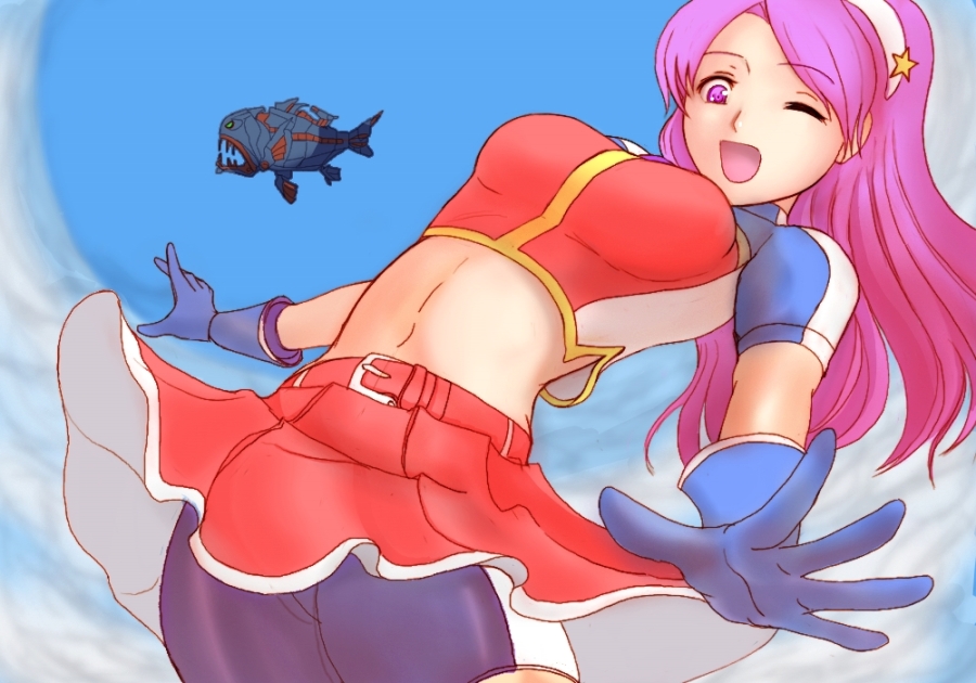 battleship belt bike_shorts breasts darius darius_gaiden fish gloves hairband king_of_fighters long_hair mecha midriff miniskirt navel purple_eyes purple_hair robot skirt storm_causer violet_eyes wink