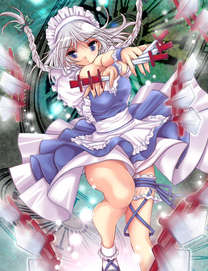 blue_eyes braid izayoi_sakuya knife shisaki_tayu short_hair silver_hair solo tayu_shisaki touhou twin_braids