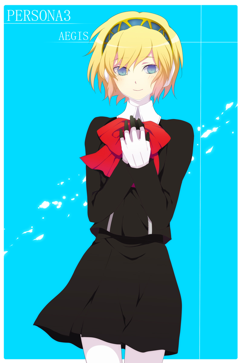 android blonde_hair blue_eyes harano headphones highres persona persona_3 ribbon school_uniform short_hair skirt smile solo