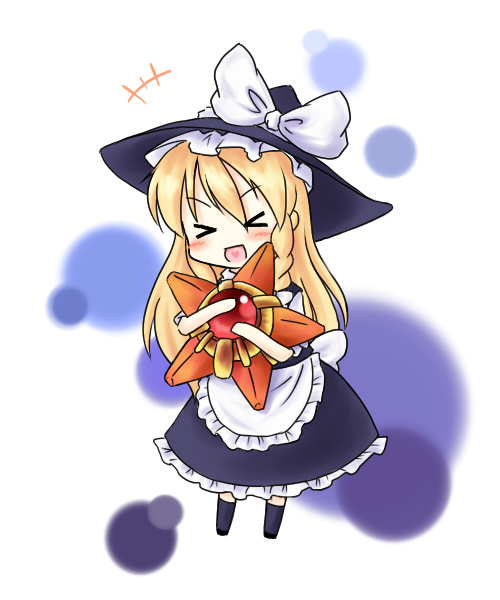 &gt;_&lt; blonde_hair chibi crossover happy hat heart heart_in_mouth hug kirisame_marisa open_mouth pokemon smile staryu tobi_(artist) tobi_(nekomata_homara) touhou witch_hat xd