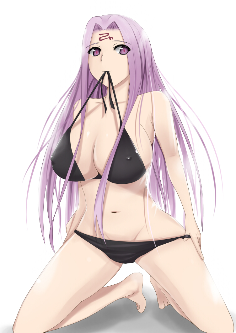 bikini breasts dress erect_nipples fate/stay_night fate_(series) huge_breasts long_hair mound_of_venus mouth_hold purple_eyes purple_hair rider solo swimsuit teapo_(pixiv81696) tipo_(tipoplaza)